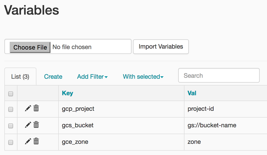 Variables Page in Airflow UI List tab is selected and shows a table with the following keys and values key: gcp_project, value: project-id key: gcs_bucket, value: gs://bucket-name key: gce_zone, value: zone
