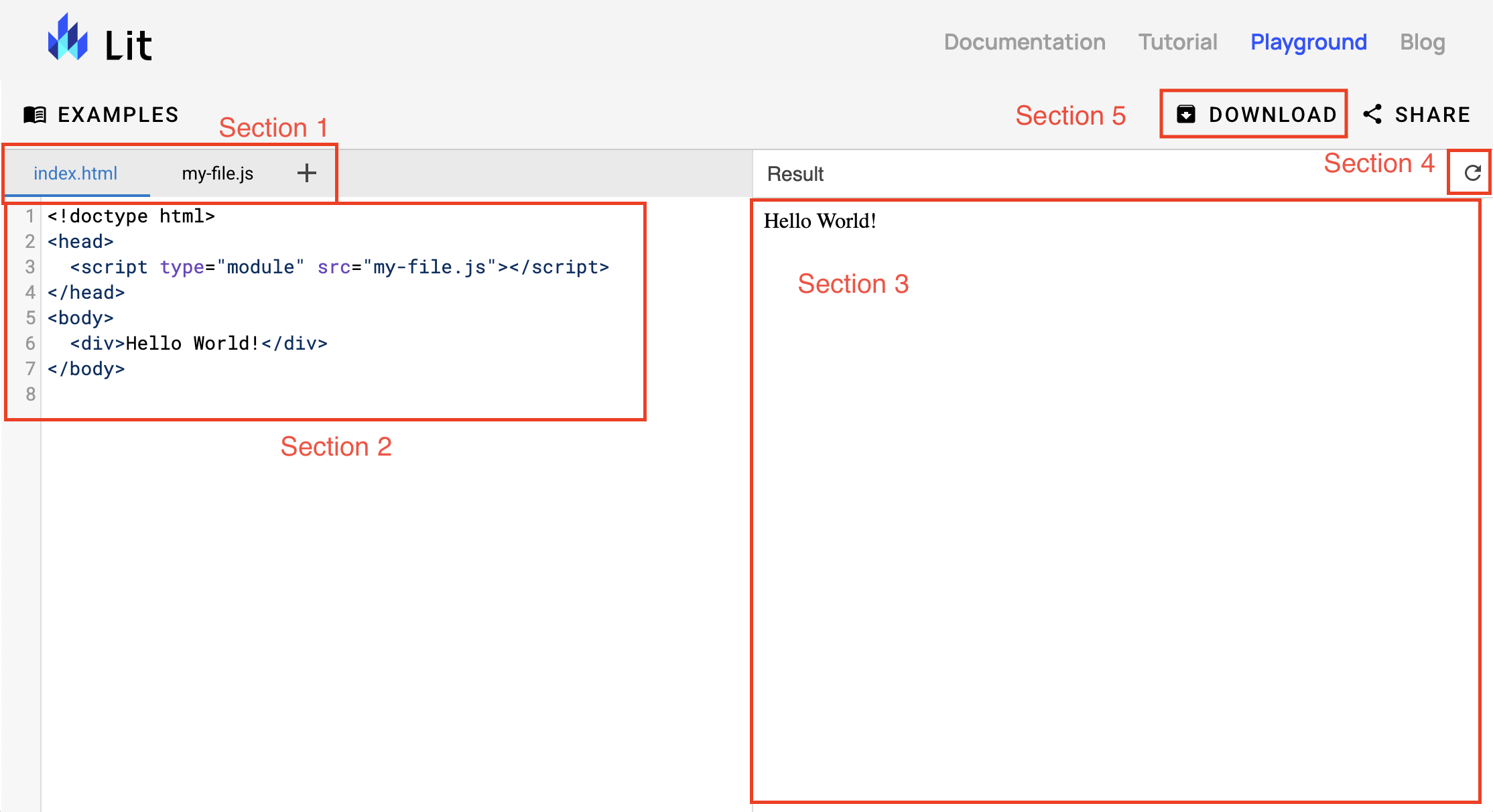 A barra do seletor de arquivos está marcada como "Section 1", a seção de edição de código como "Section 2", a visualização da saída como "Section 3" e o botão de recarregamento da visualização como "Section 4".