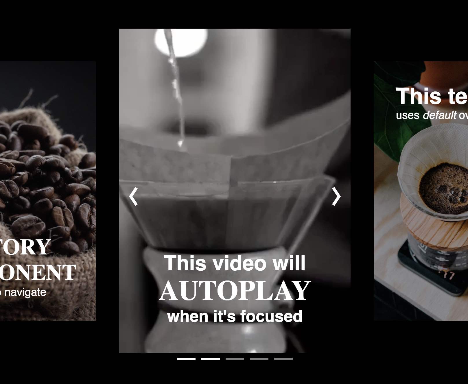 A completed story-viewer component displaying three images of coffee