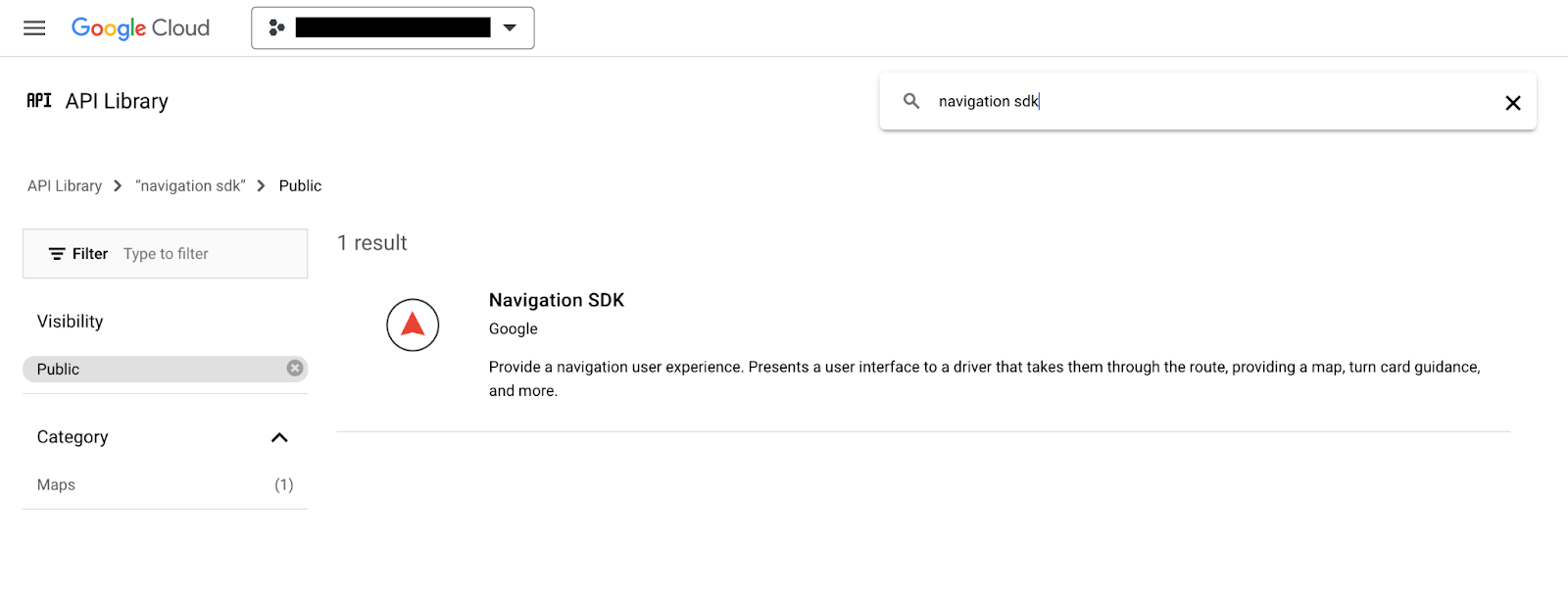 شاشة &quot;مكتبة واجهات برمجة التطبيقات&quot; في Google Cloud Console، تعرِض صفحة Navigation SDK