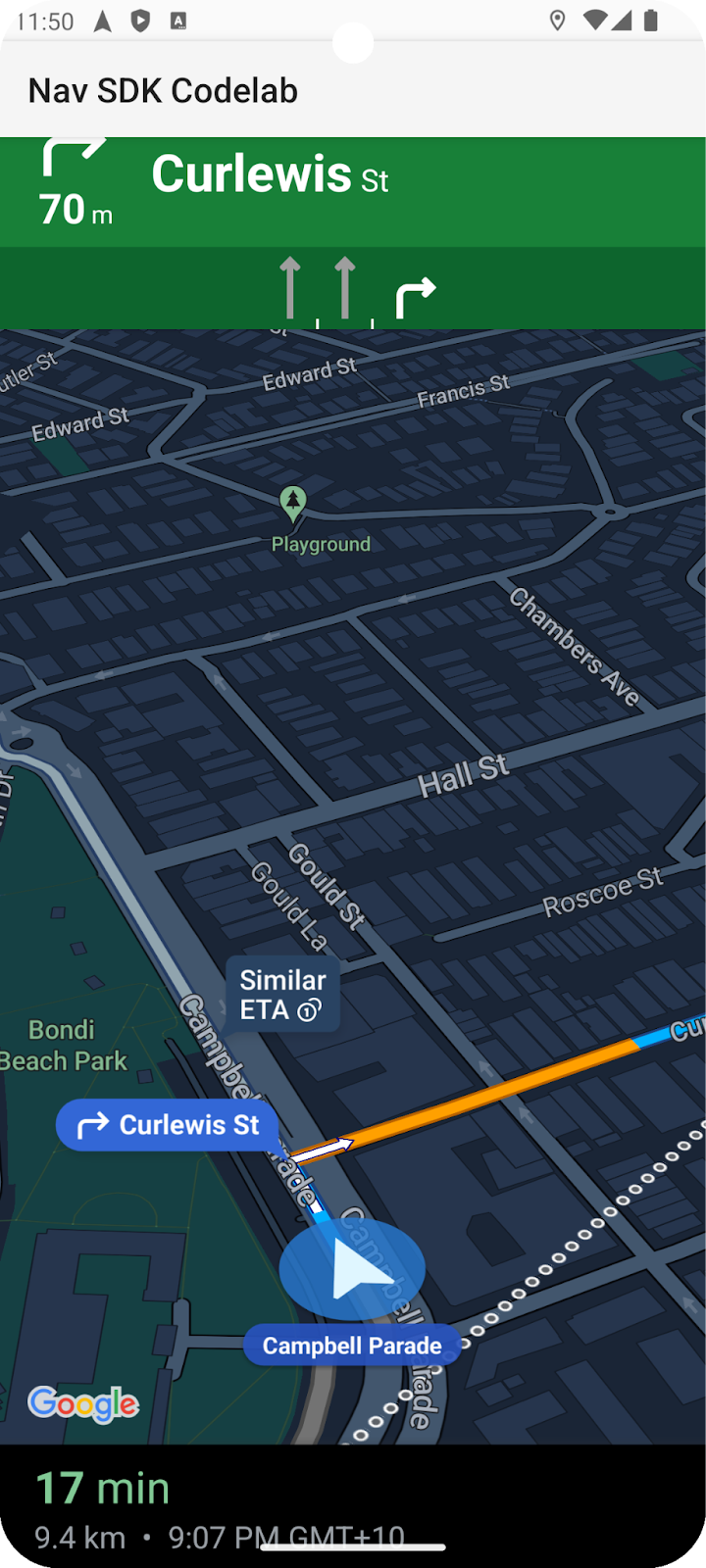 Screenshot der Navigations-App, die eine Wegbeschreibung zum Ziel anzeigt.