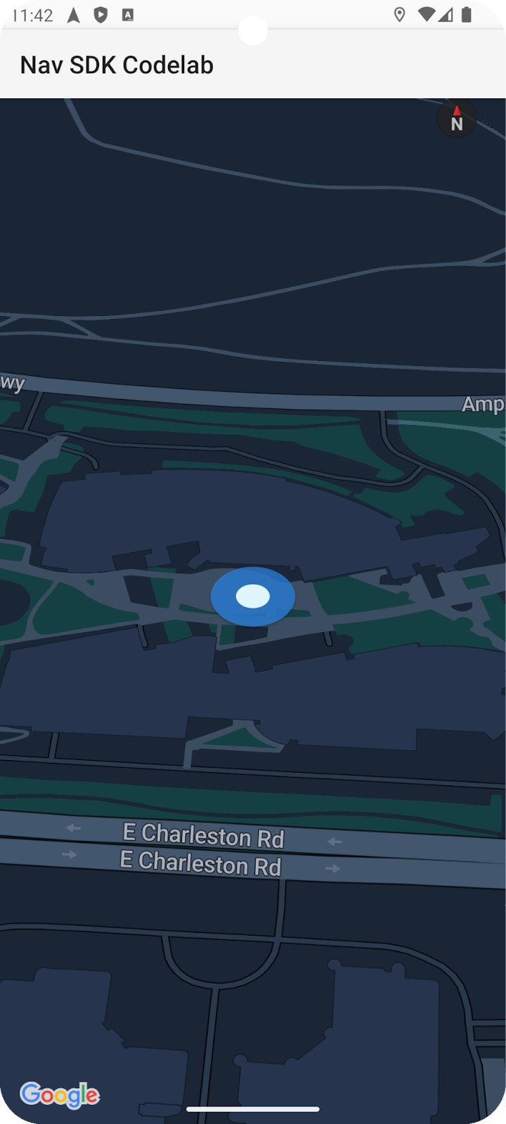 A visualização do mapa do app Navegação mostrando o escritório do Google em Mountain View, Califórnia.