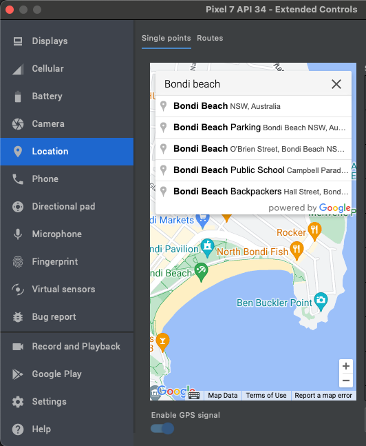 The Extended Controls dialog in the Android Device Manager, showing a place picker and a map centred on Bondi beach in Australia.