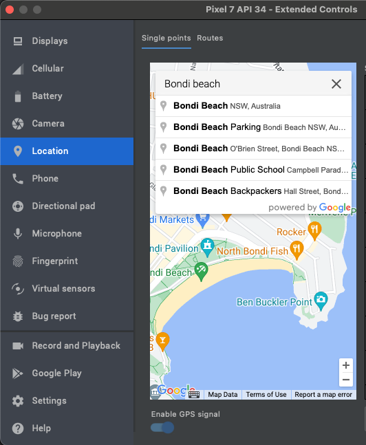 Hộp thoại Extended Controls (Chế độ điều khiển mở rộng) trong Android Device Manager (Trình quản lý thiết bị Android), hiển thị một bộ chọn địa điểm và bản đồ tập trung vào bãi biển Trái Đất ở Úc.