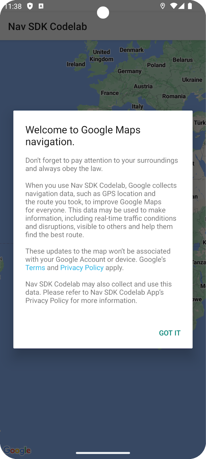Navigation SDK 最终用户条款对话框。