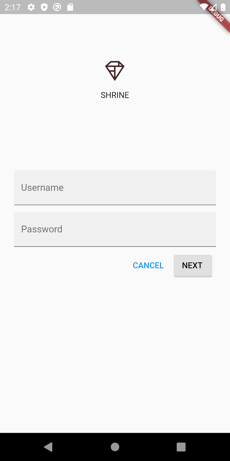 Página de login do Shrine no Android