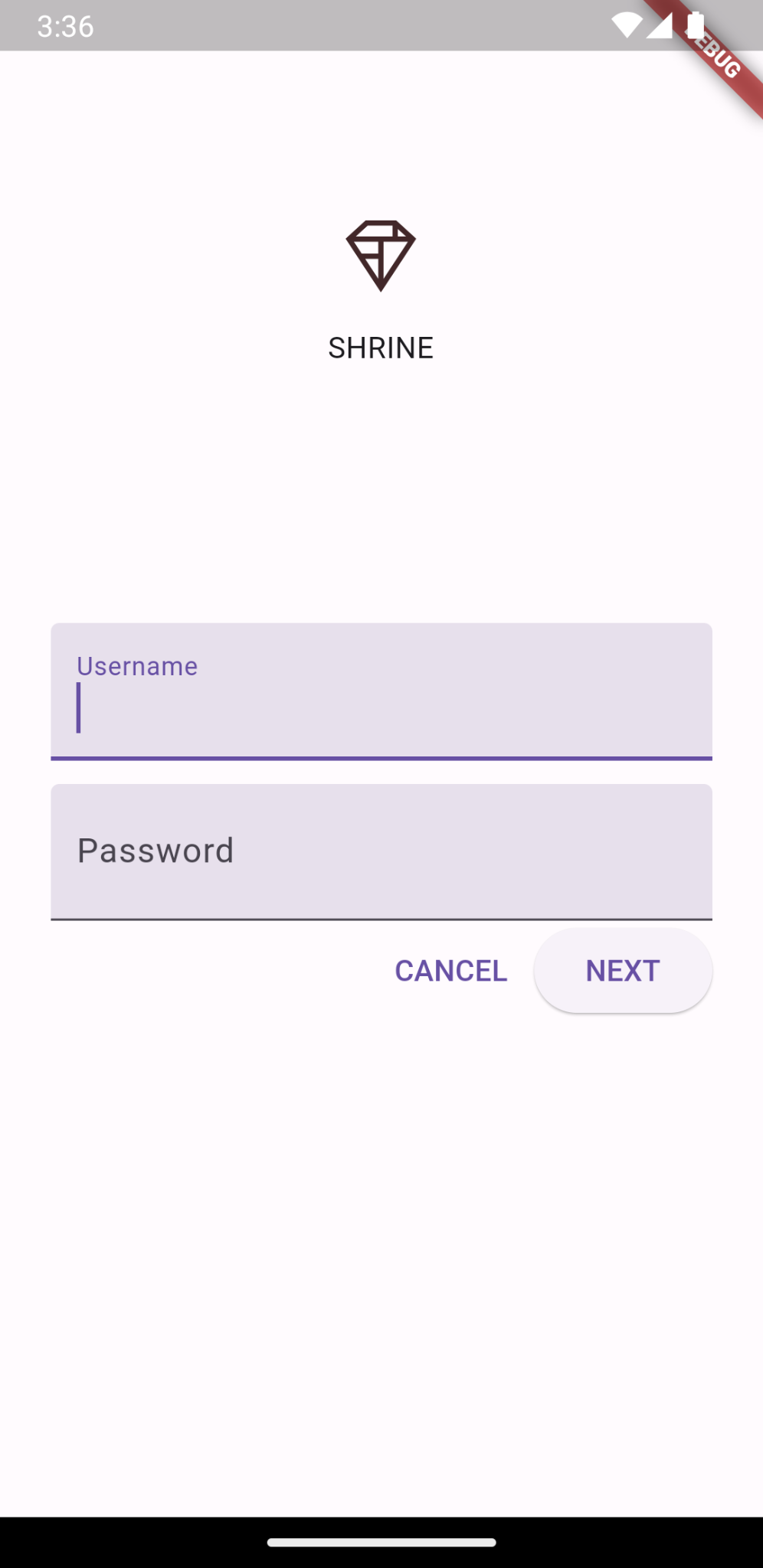 Shrine logo with username and password fields, cancel and next buttons