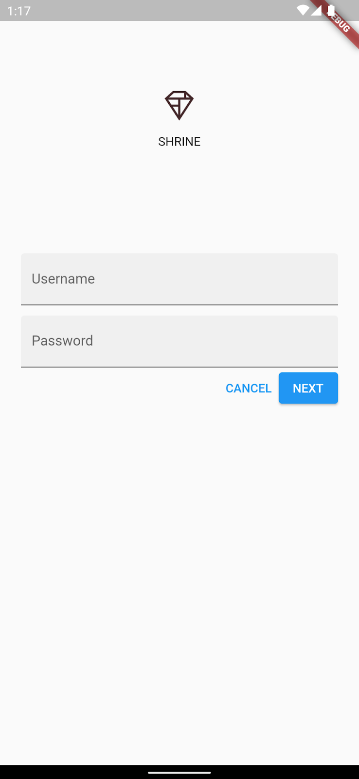 Shrine 徽标，其中包含用户名和密码字段、“Cancel”和“Next”按钮
