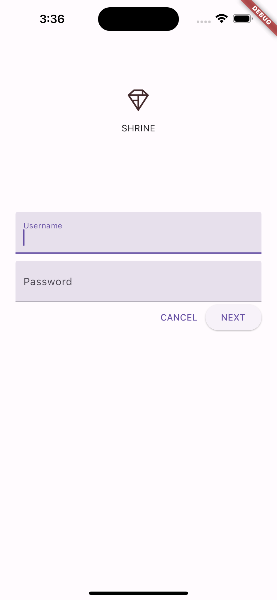 Shrine logo with username and password fields, cancel and next buttons