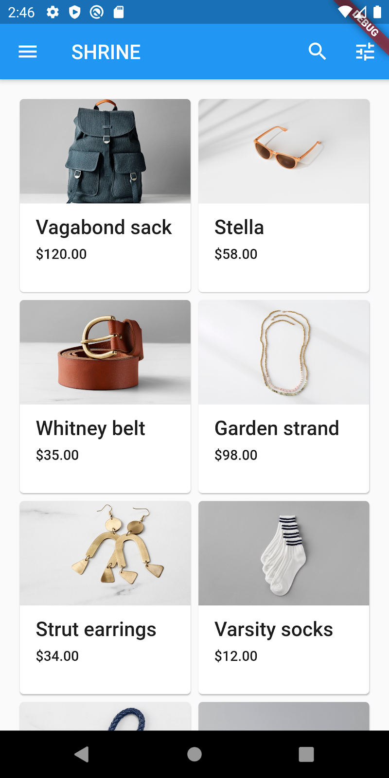 e-commerce app with a top app bar and a grid full of products