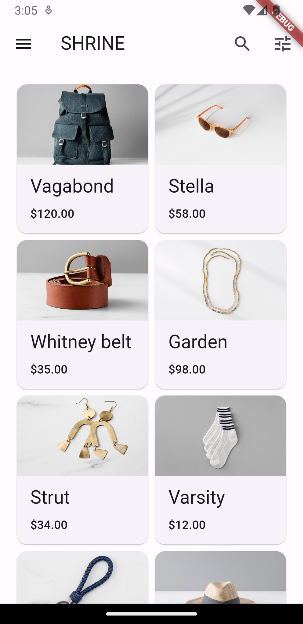 e-commerce app with a top app bar and a grid full of products