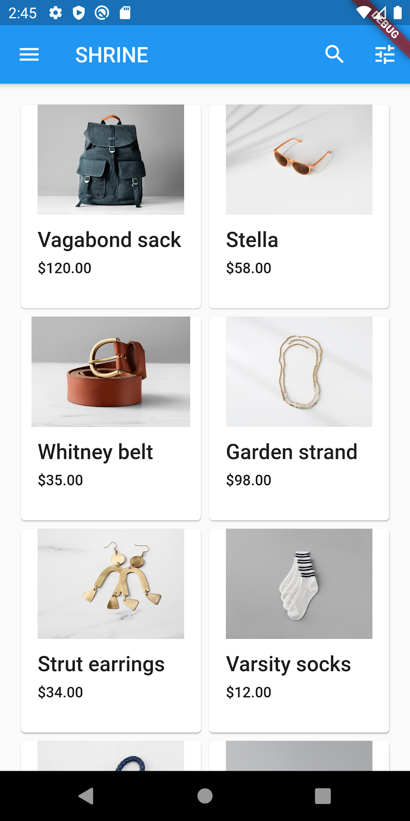 a grid of items with an image, product title, and price