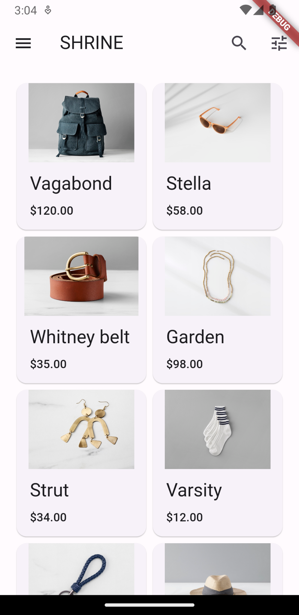 a grid of items with an image, product title, and price