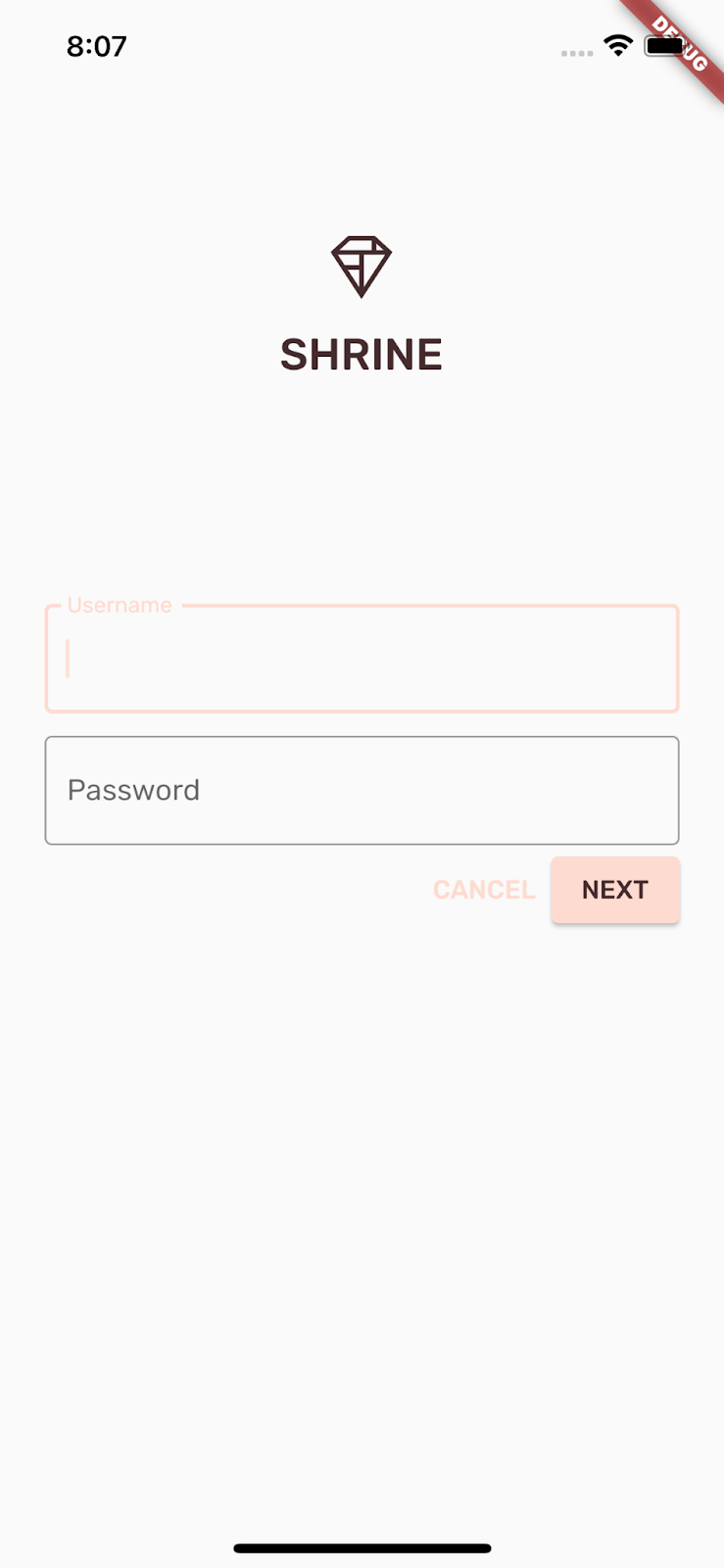 Shrine 登录页面,其中的用户名字段已获得焦点