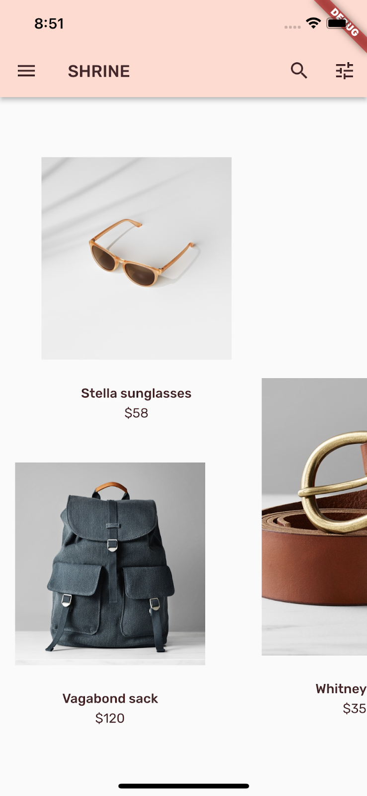 Shrine 产品页面,顶部是一个应用栏,不对称的水平可滚动网格中满是商品,主题为粉色和棕色