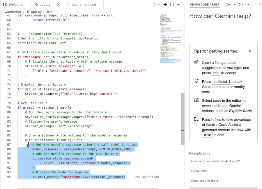コードの一部をハイライト表示し、Gemini Code Assist に「Explain this」を渡して回答を得る様子を示す動画。