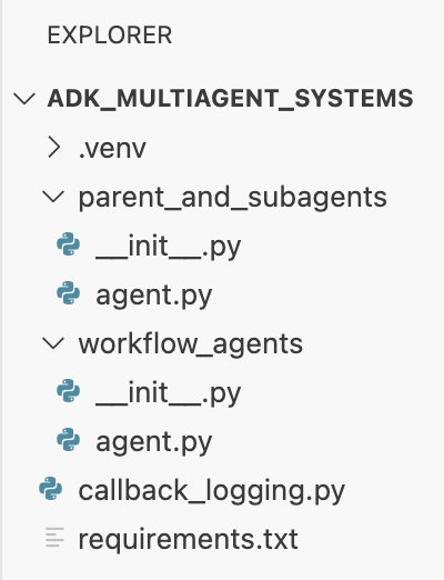 Painel do Explorer mostrando a pasta adk_multiagent_systems aberta