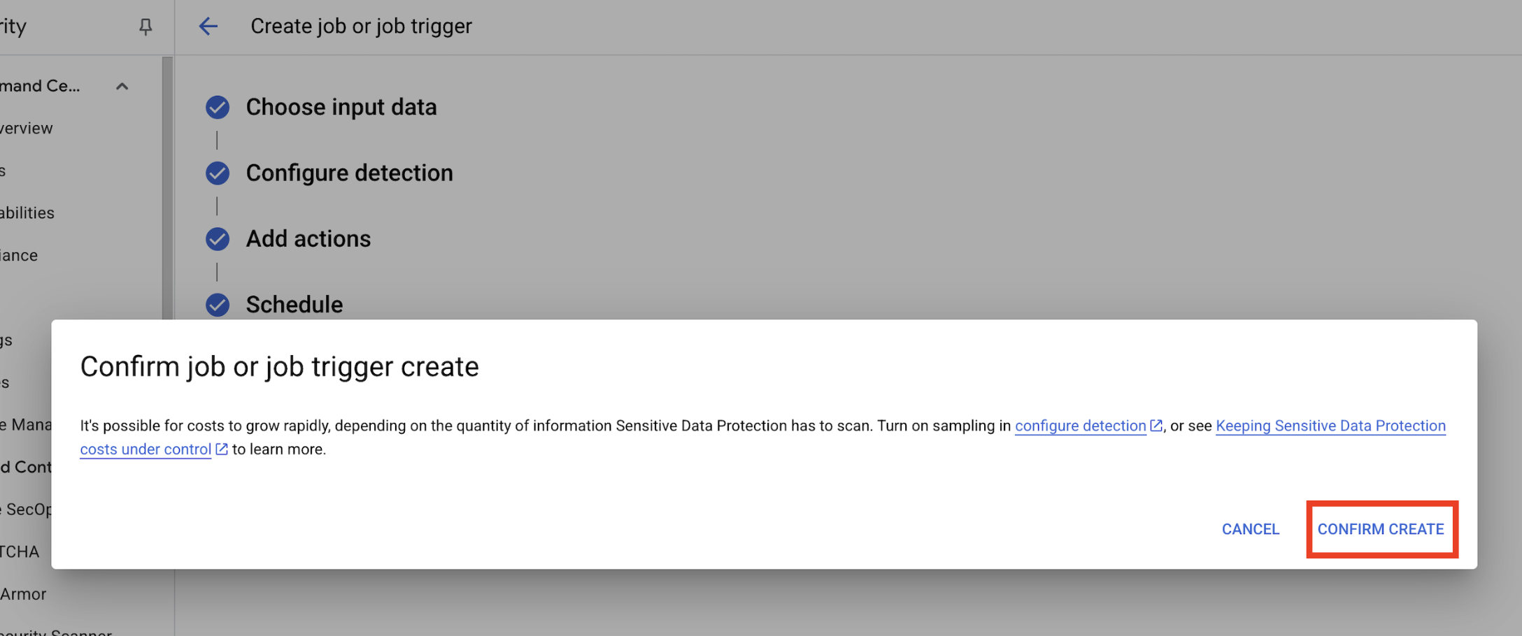 Screenshot des Pop-ups „Job oder Job-Trigger-Erstellung bestätigen“