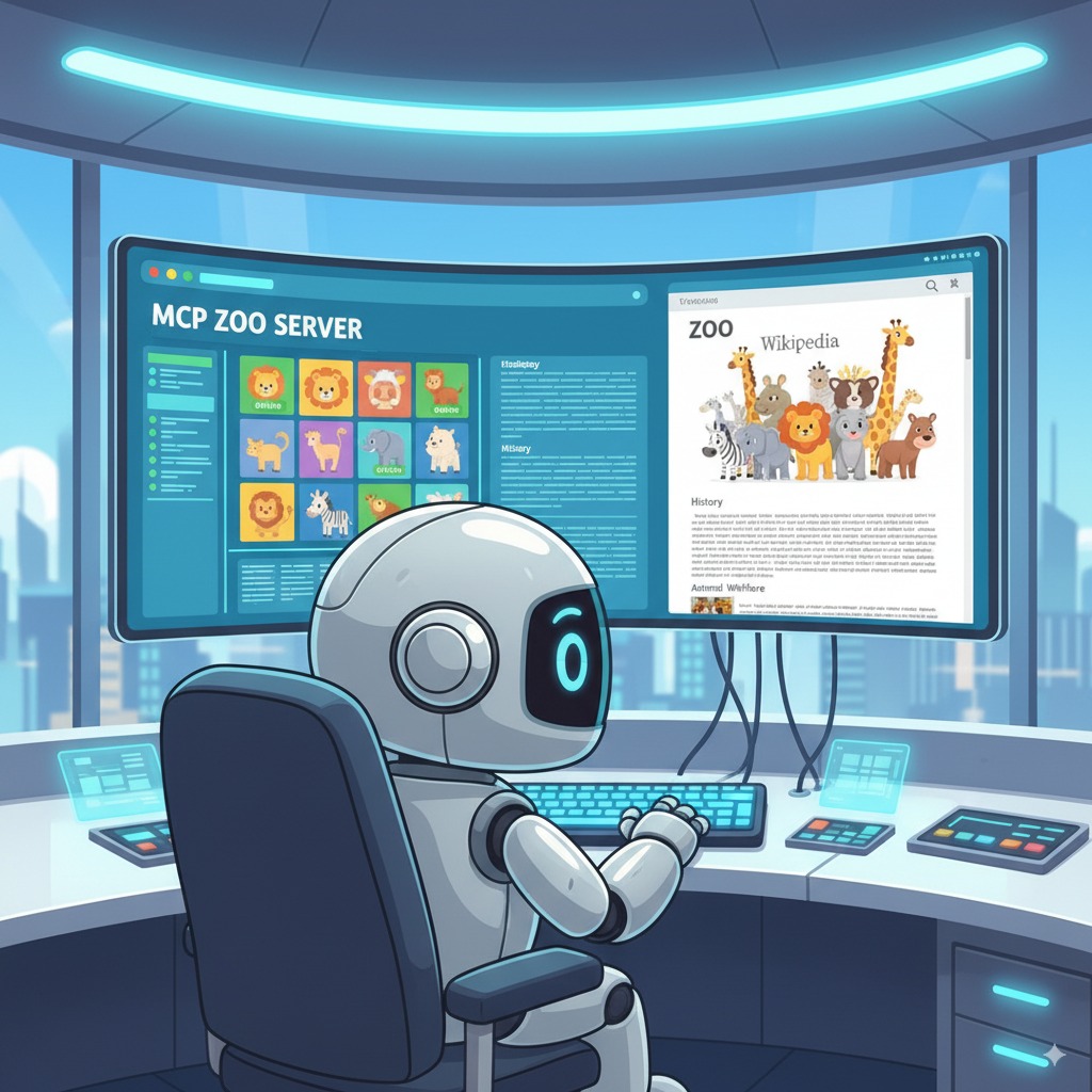 Robot dengan mata biru bercahaya duduk di depan monitor melengkung besar yang menampilkan MCP ZOO SERVER di sebelah kiri dan halaman Wikipedia ZOO di sebelah kanan. Ikon hewan terlihat di antarmuka server. Meja memiliki beberapa touchpad biru bercahaya. Latar belakang menampilkan cakrawala kota melalui jendela besar.