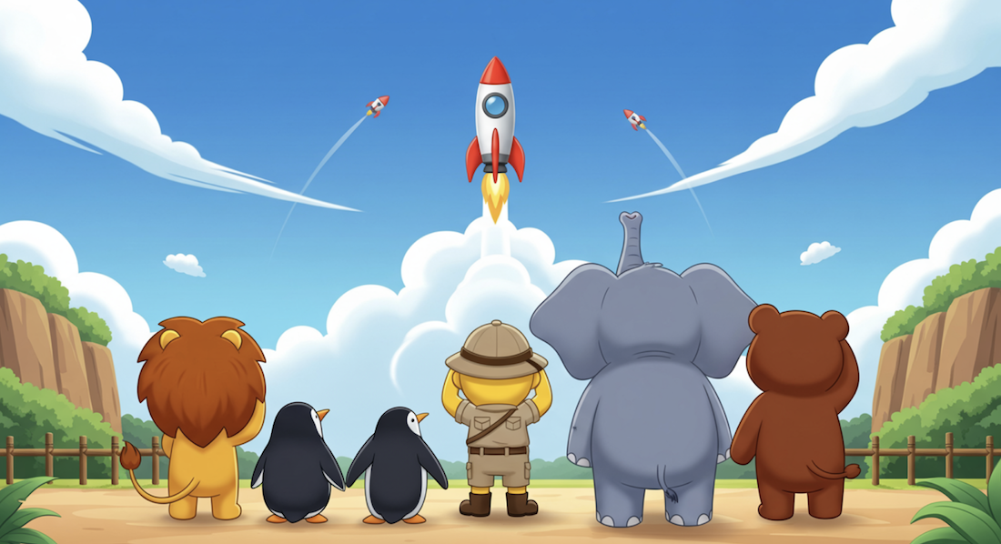 Von links nach rechts stehen ein Löwe, zwei Pinguine, eine Person mit Safarihut, ein Elefant und ein Bär mit dem Rücken zum Betrachter und blicken auf eine große rot-weiße Rakete, die in einen blauen Himmel mit weißen Wolken startet. Im Hintergrund sind zwei weitere kleinere Raketen zu sehen, die starten. Die Szene spielt in einem Zoogehege mit einem Holzzaun und Felsklippen.