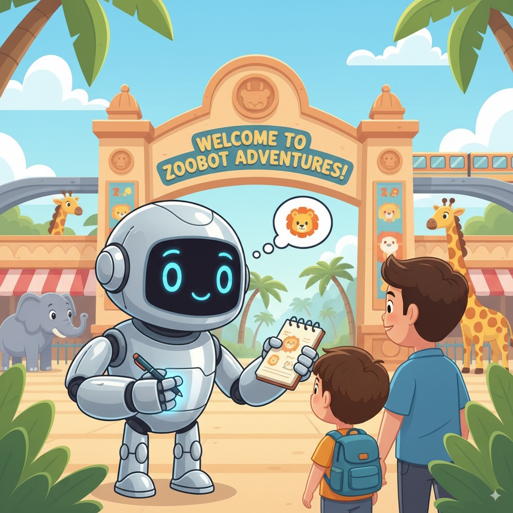 El robot de aspecto amigable sostiene un bloc de notas con dibujos de animales y un globo de diálogo de un león, mientras habla con un hombre y un niño con una mochila. En el fondo, se ven jirafas y otros elementos del zoológico, con palmeras que enmarcan la entrada.