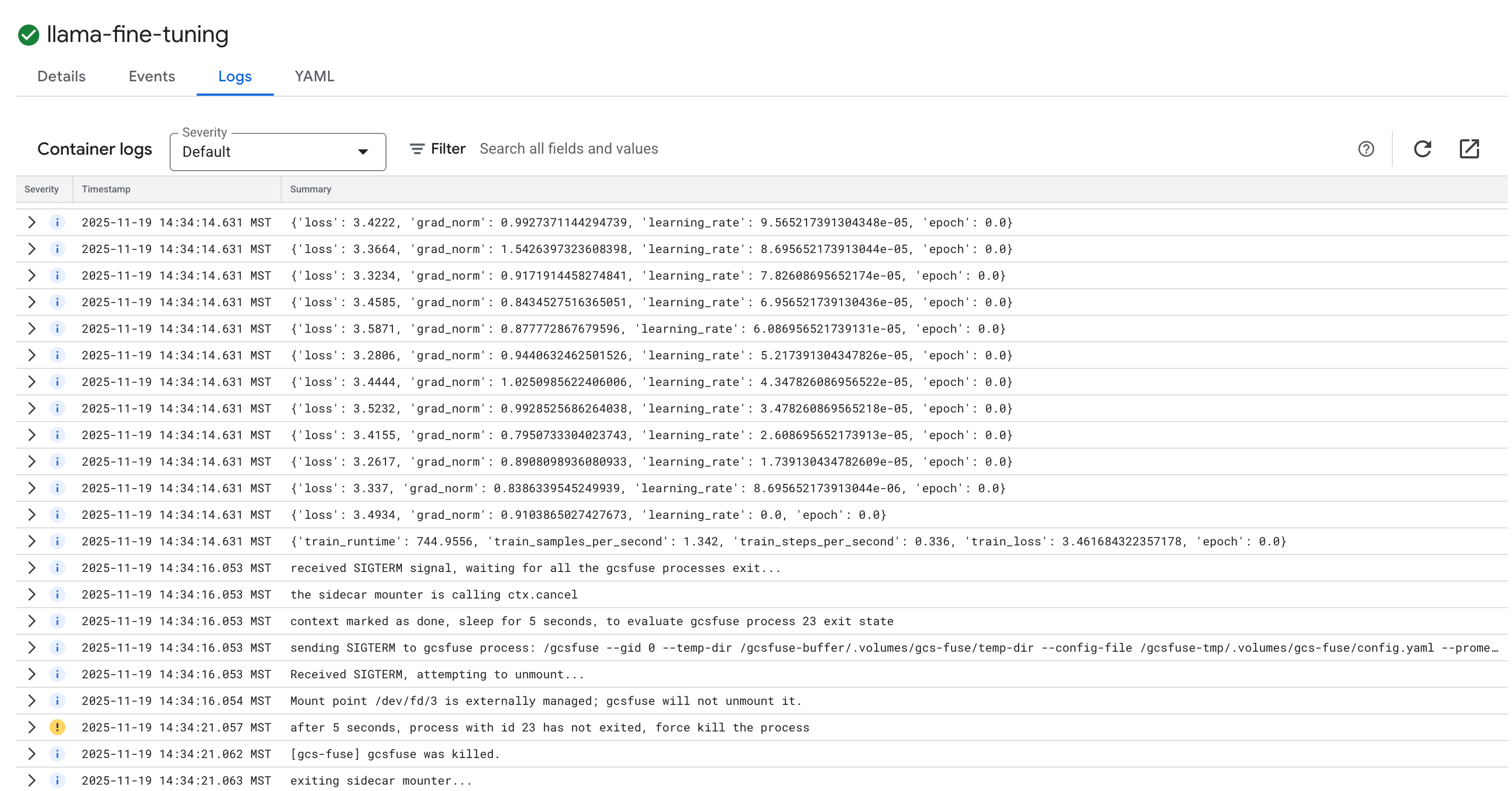 Training logs showing loss and learning rate