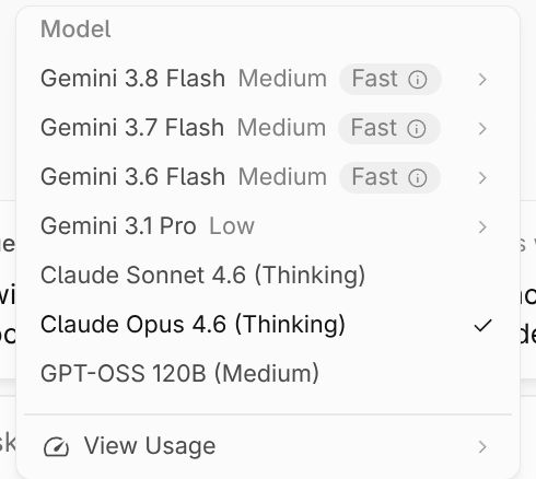 ตัวเลือกโมเดล Antigravity - สลับระหว่างพูล Gemini, Claude และ GPT-OSS
