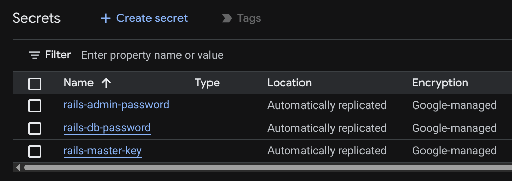 Google Cloud Secret Manager Console listing configured application secrets