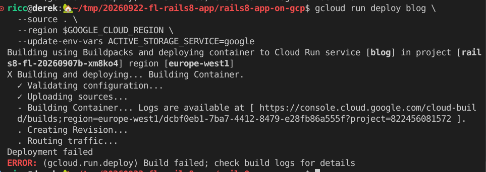 رابط سجلّ الخطأ في Cloud Build في ناتج الوحدة الطرفية