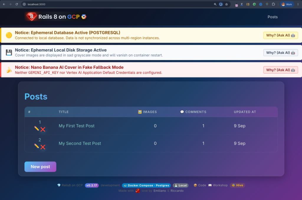 Local blog homepage displaying ephemeral telemetry notices and badges