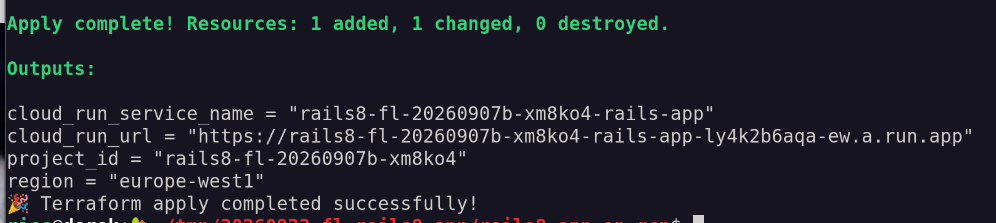 Terraform apply completed successfully with outputs