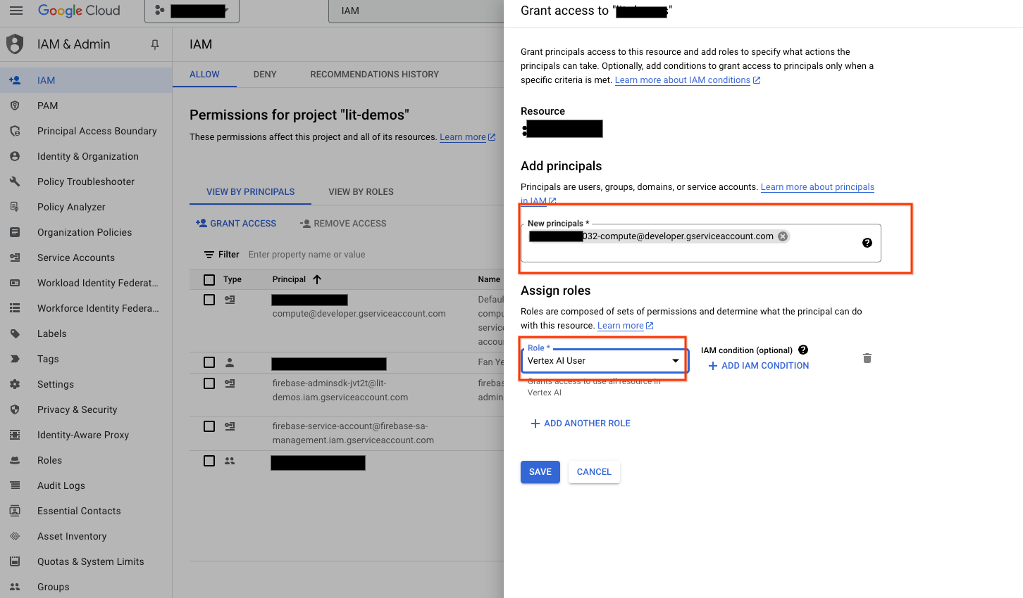 Aggiungi email dei service account