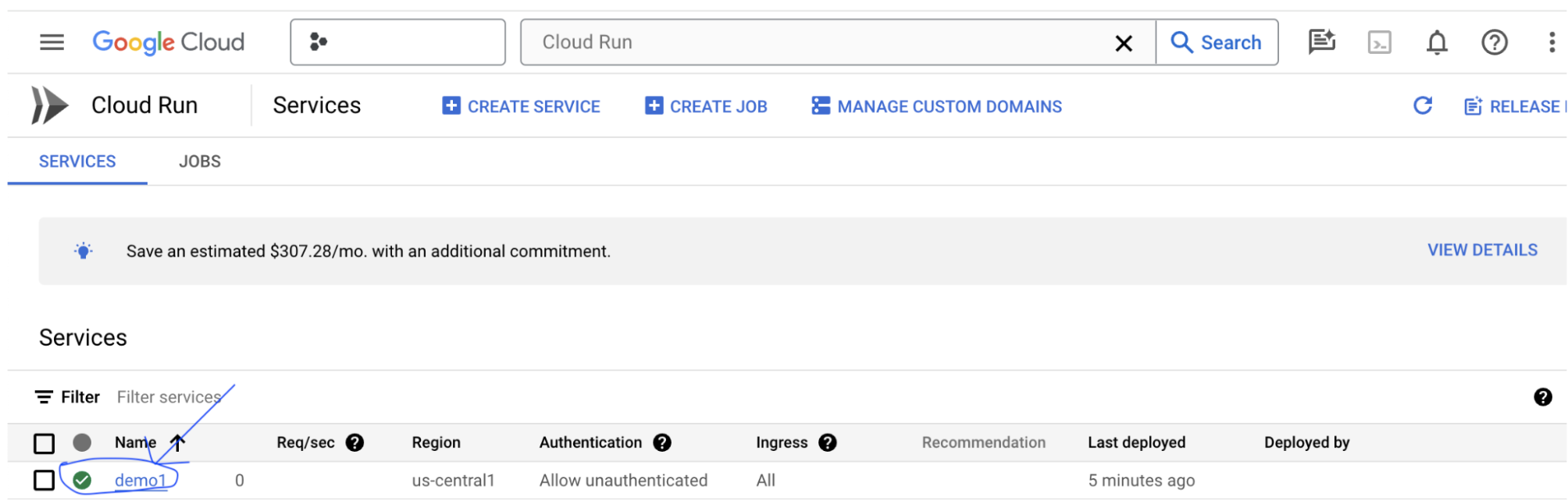 Google Cloud 控制台 Cloud Run 列表