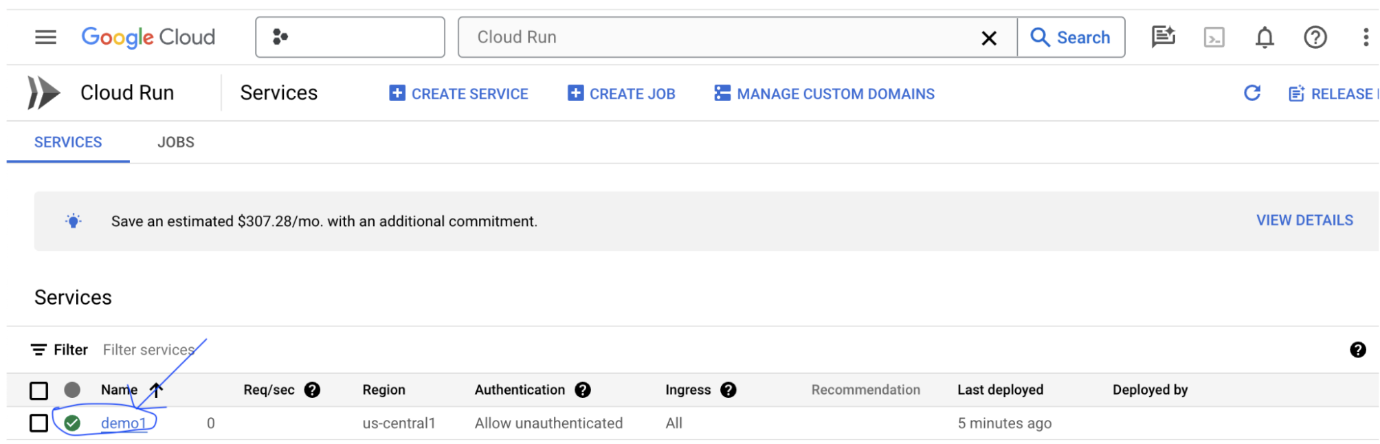 Lista de Cloud Run de la consola de Google Cloud