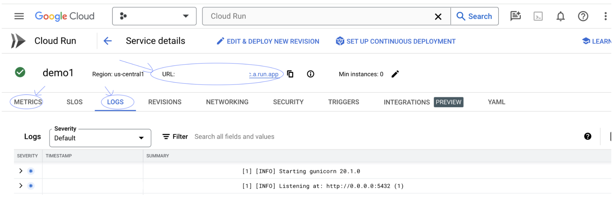 Google Cloud 控制台 Cloud Run 記錄檔