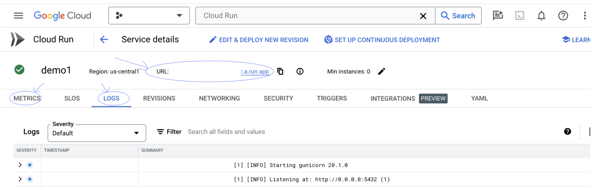 Google Cloud Console में Cloud Run का लॉग