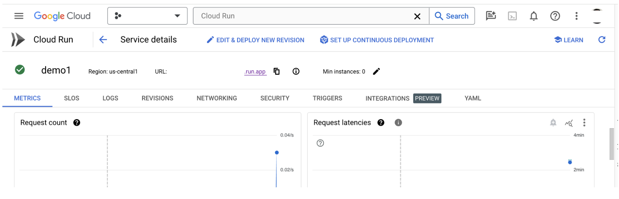 Google Cloud Console Cloud Run Metrics