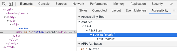 Screenshot of the accessibility tree in Chrome developer console. Thehighlighted element is described in the a11y tree as button“create”