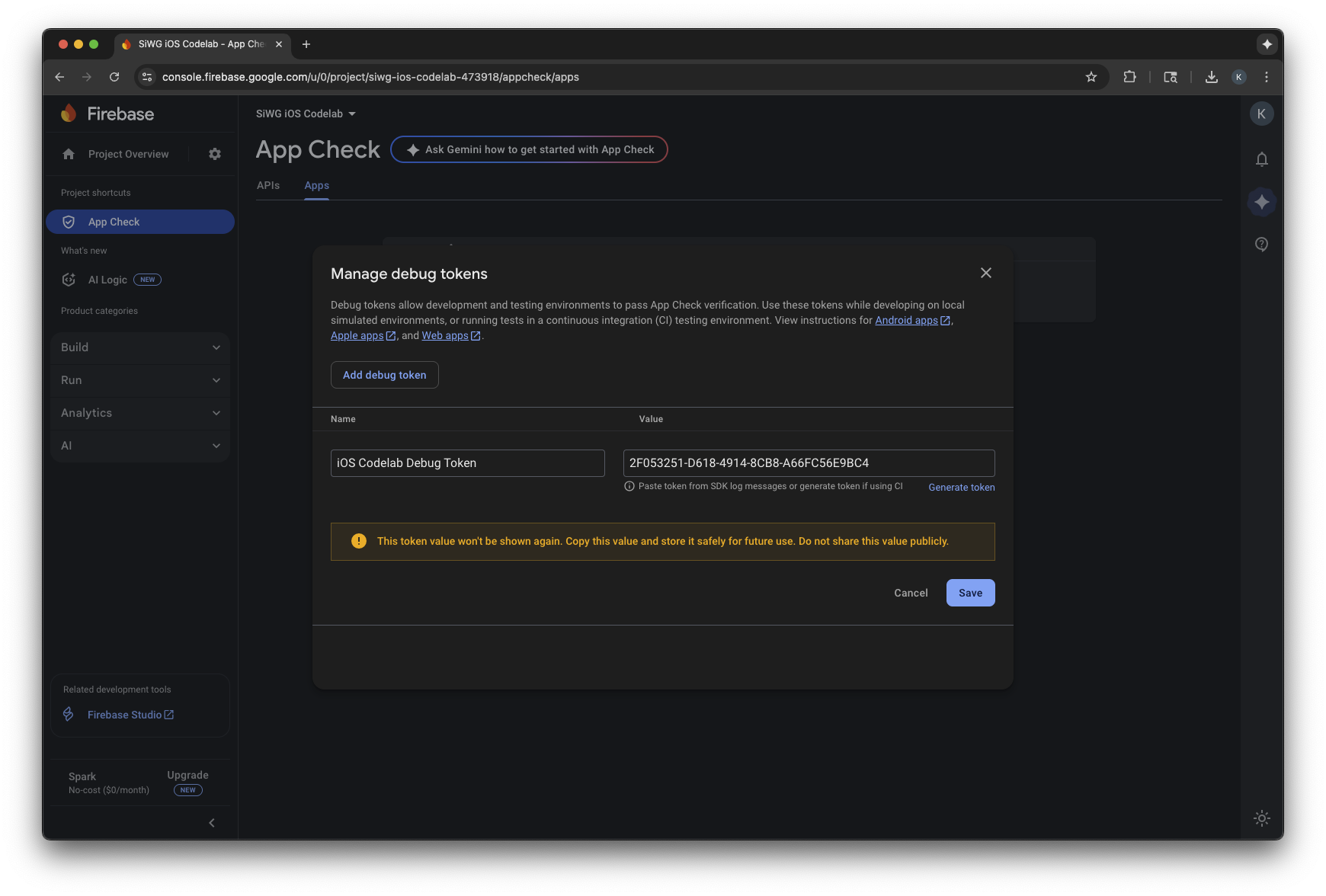Firebase App Check debug token management