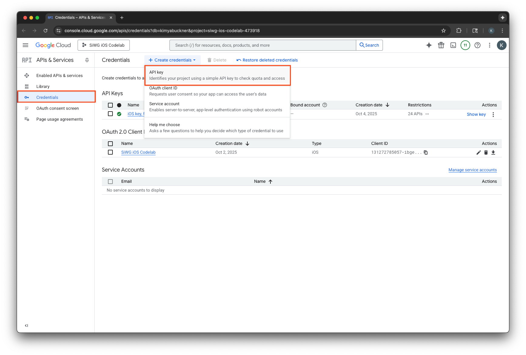 Google Cloud 控制台“API 凭据”页面