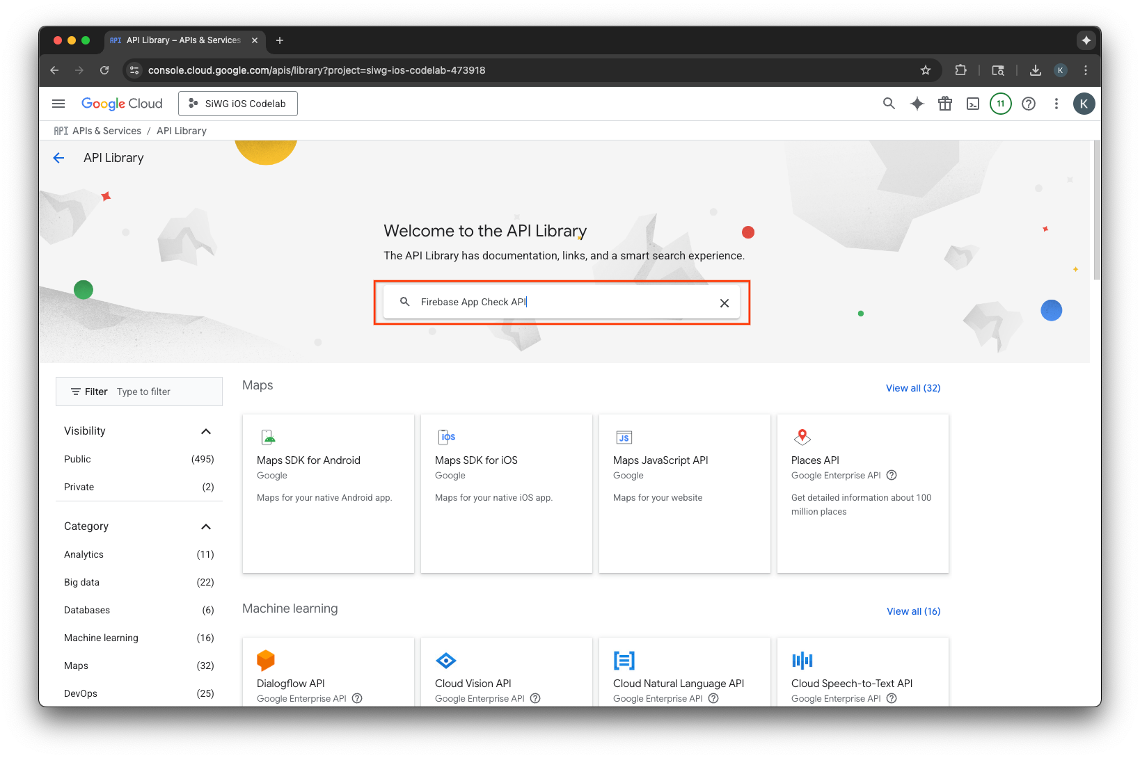 หน้าไลบรารี API ของ Google Cloud Console