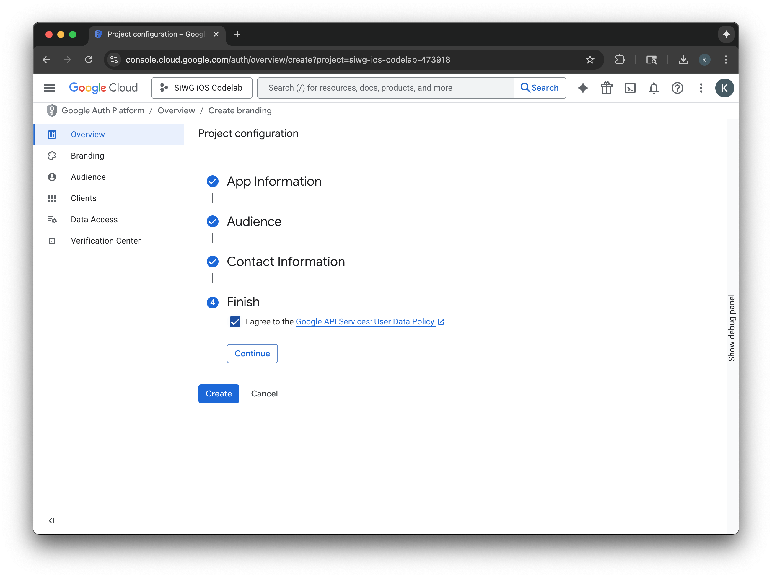 Trang cấu hình thương hiệu của ứng dụng Google Cloud Console 