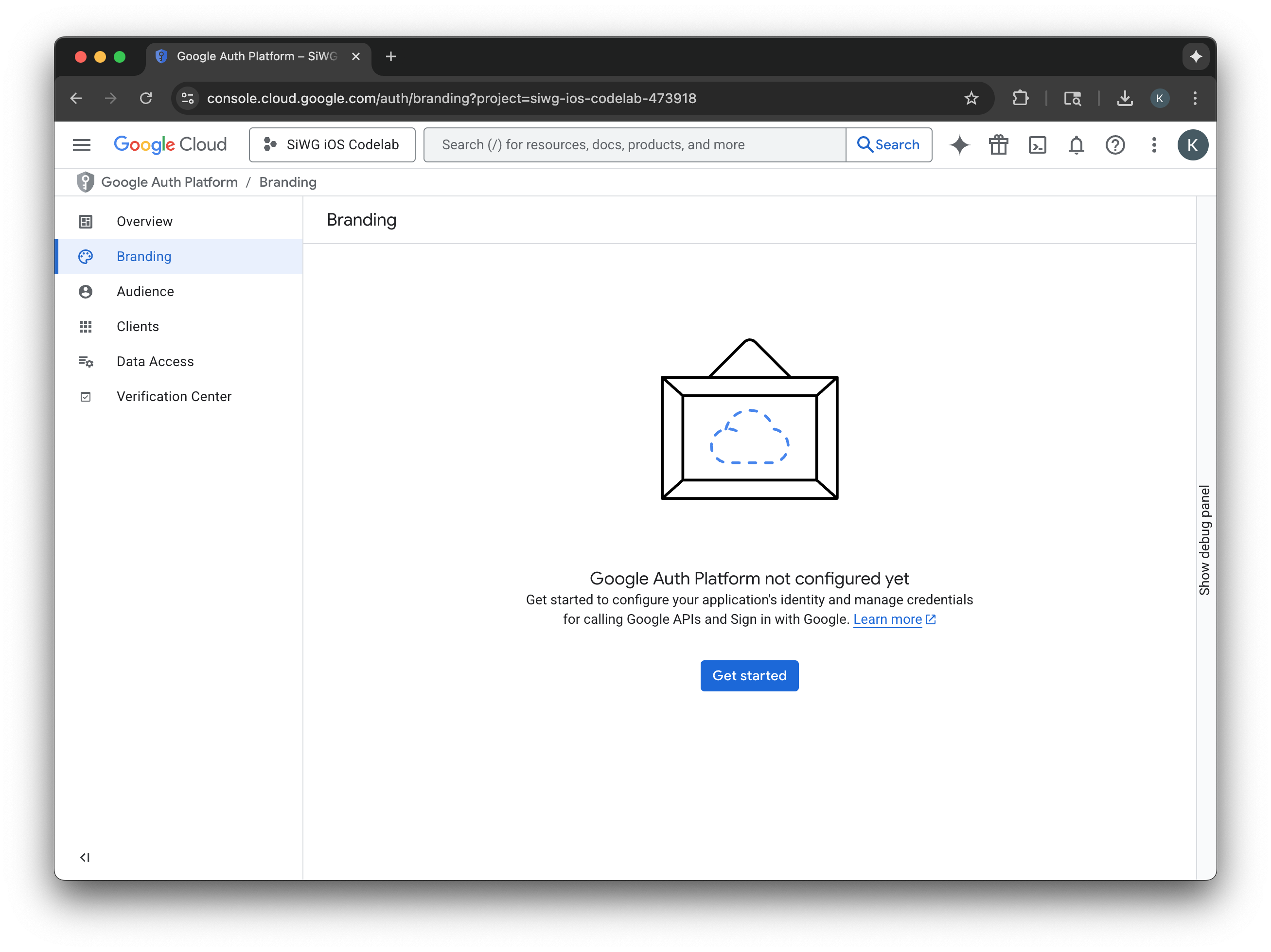 Google Cloud Console branding get started page
