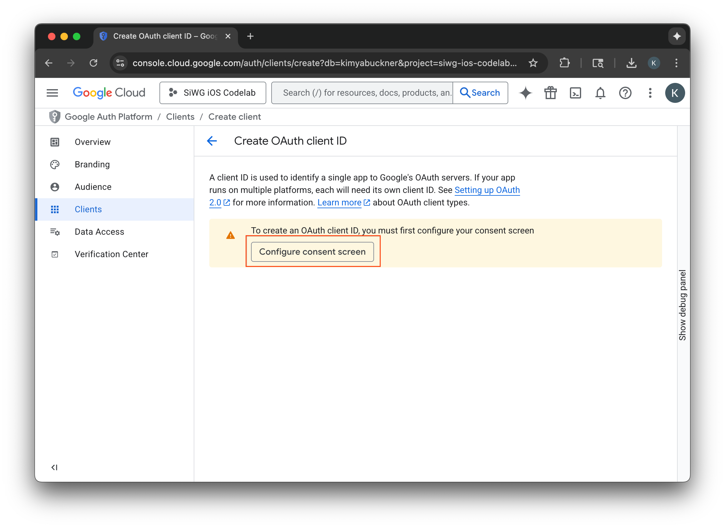 Google Cloud Console-Seite zum Erstellen von OAuth-Clients mit der Anforderung, den Zustimmungsbildschirm zu konfigurieren