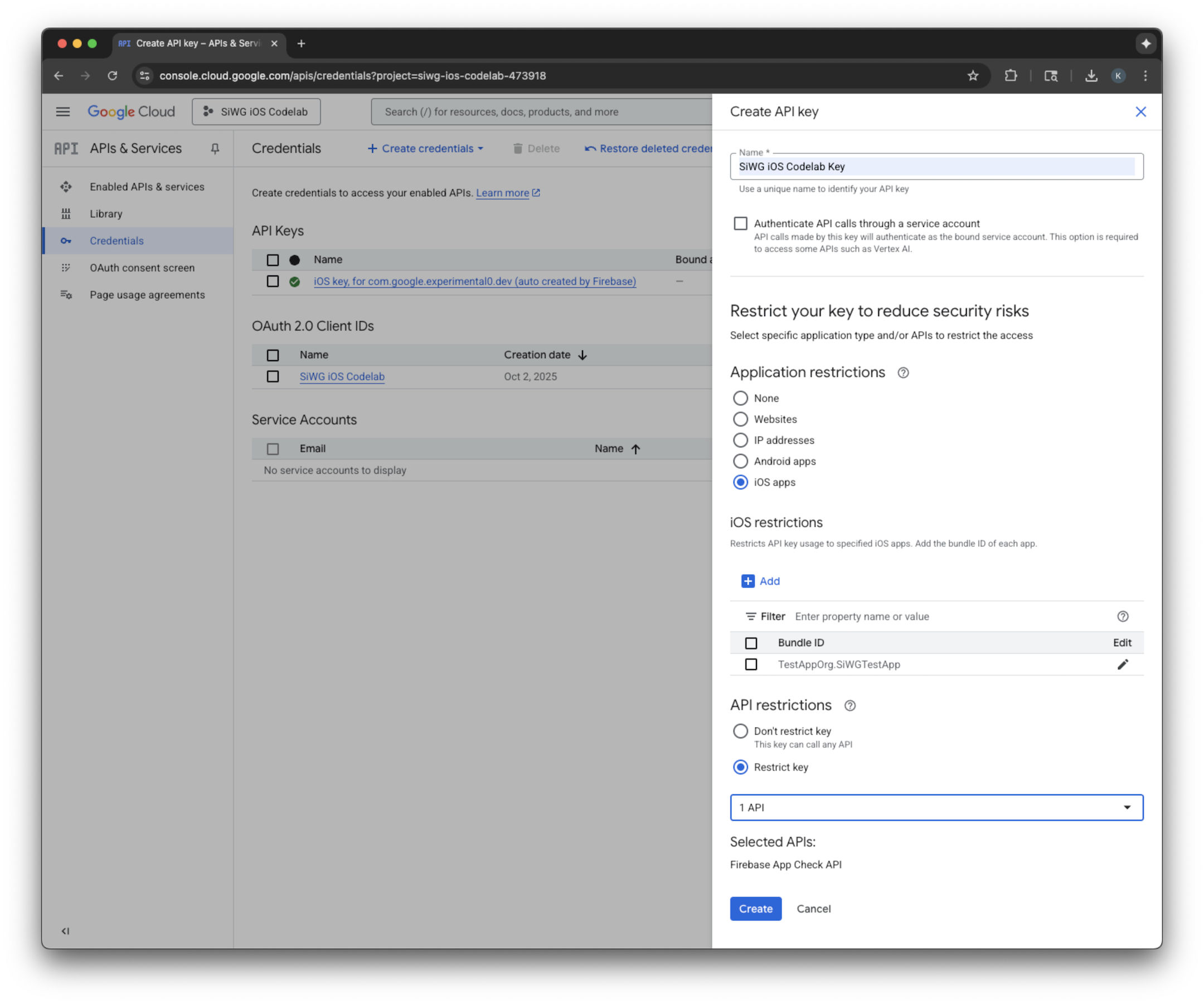 Pagina di creazione della chiave API della console Google Cloud