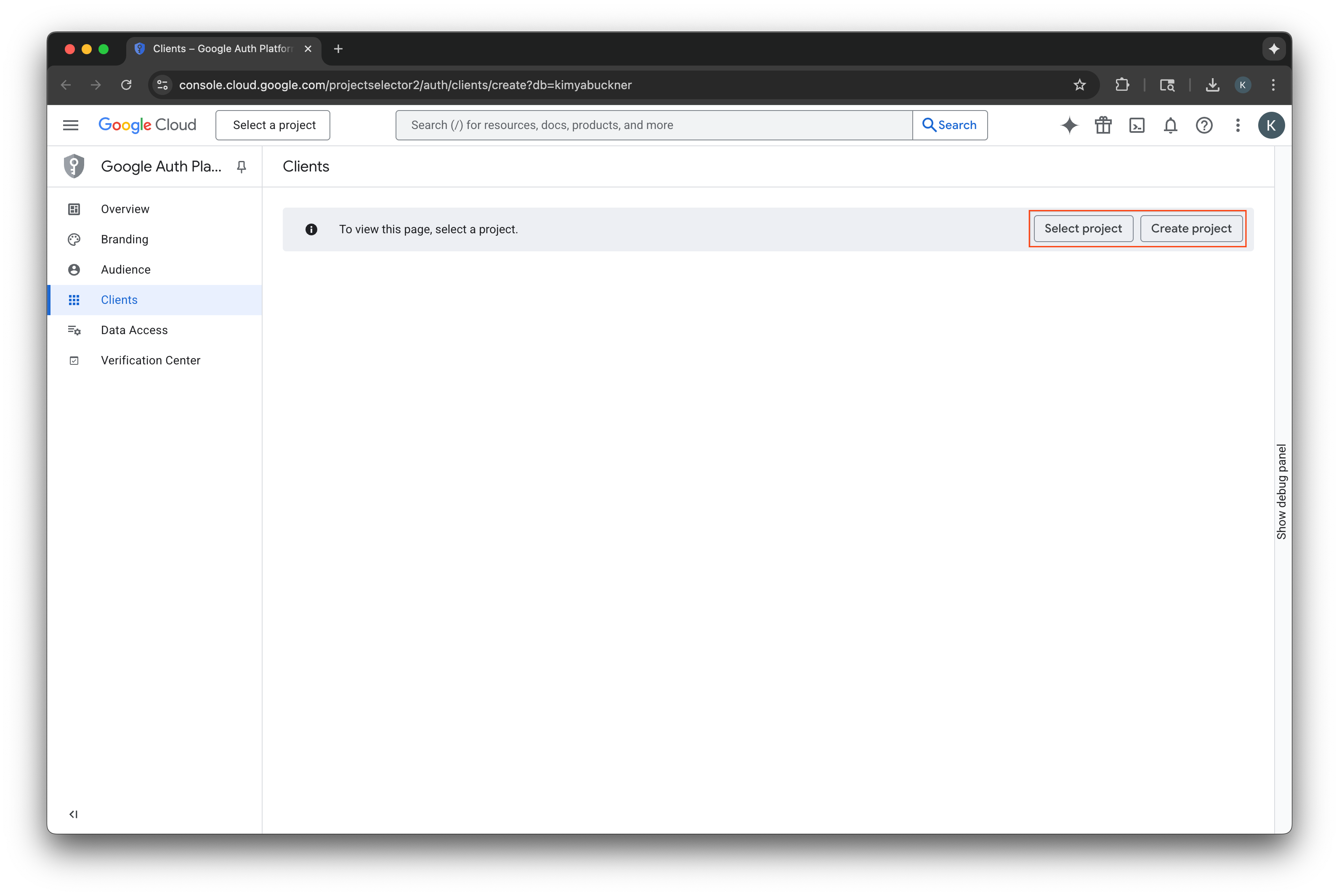 Google Cloud 콘솔 프로젝트 선택기 페이지