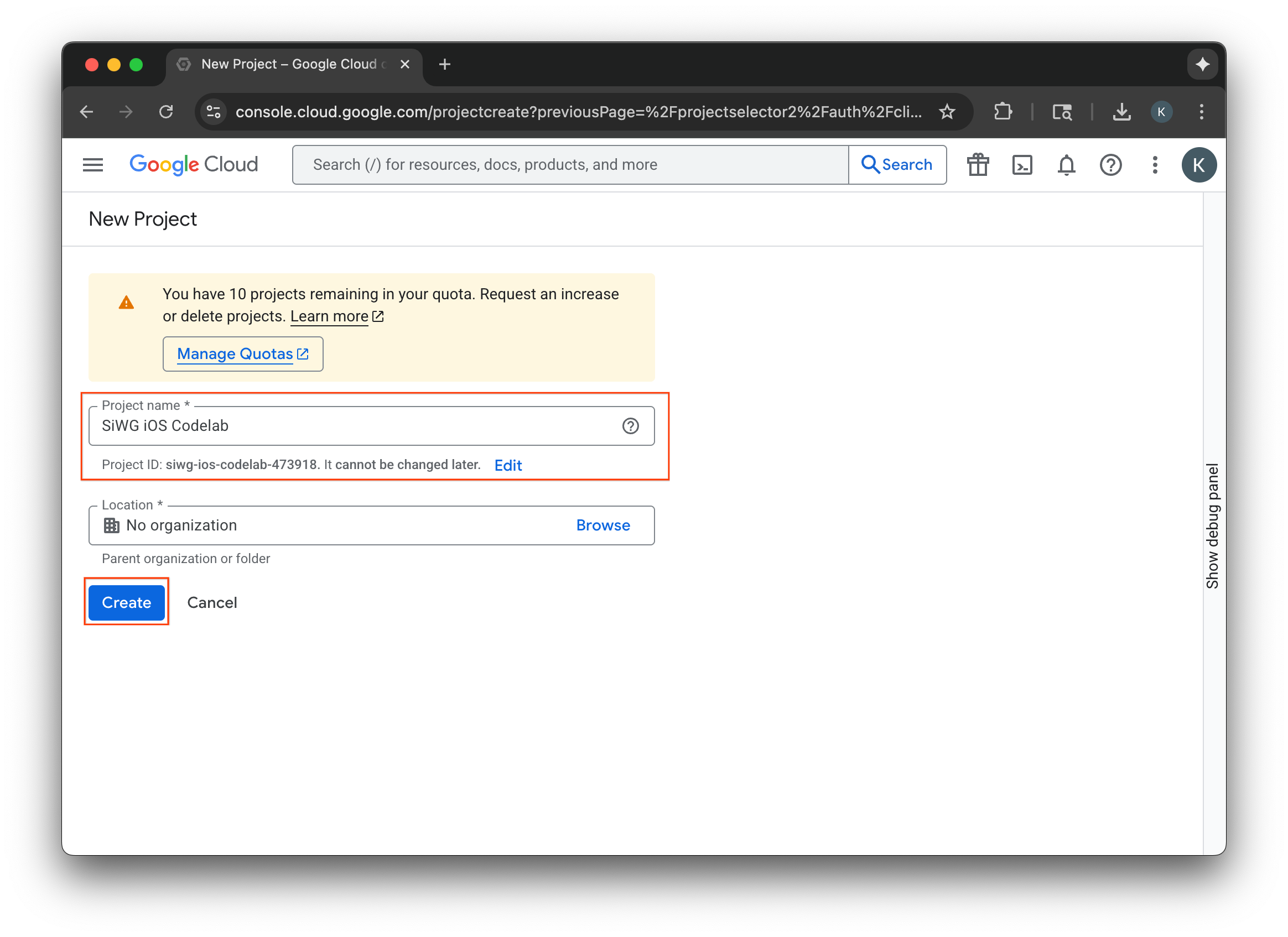 Google Cloud Console project selector page