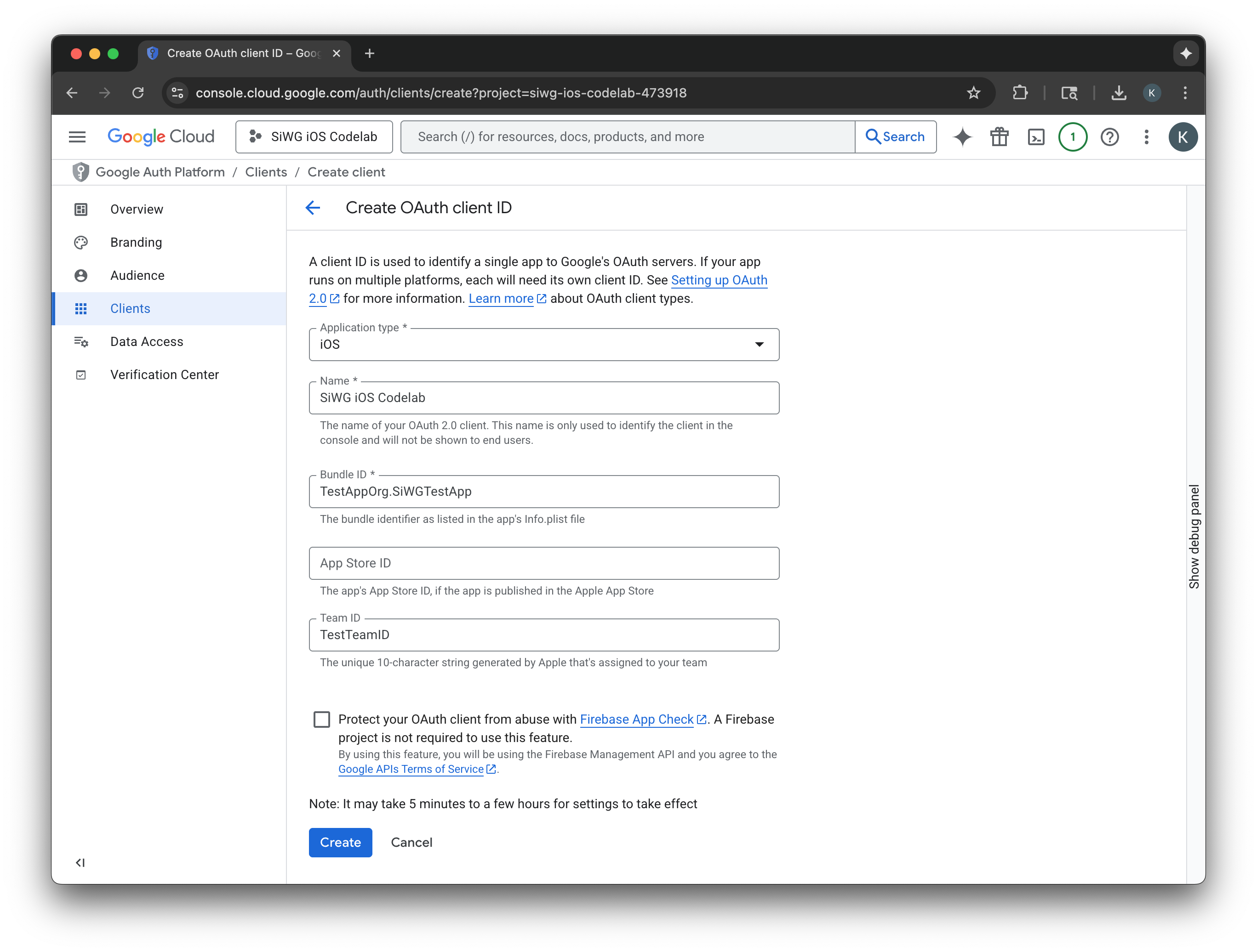 Page de saisie des informations sur le client OAuth