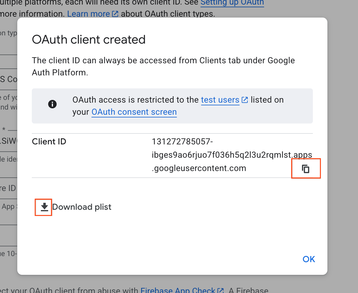 Caixa de diálogo "ID do cliente OAuth criado"