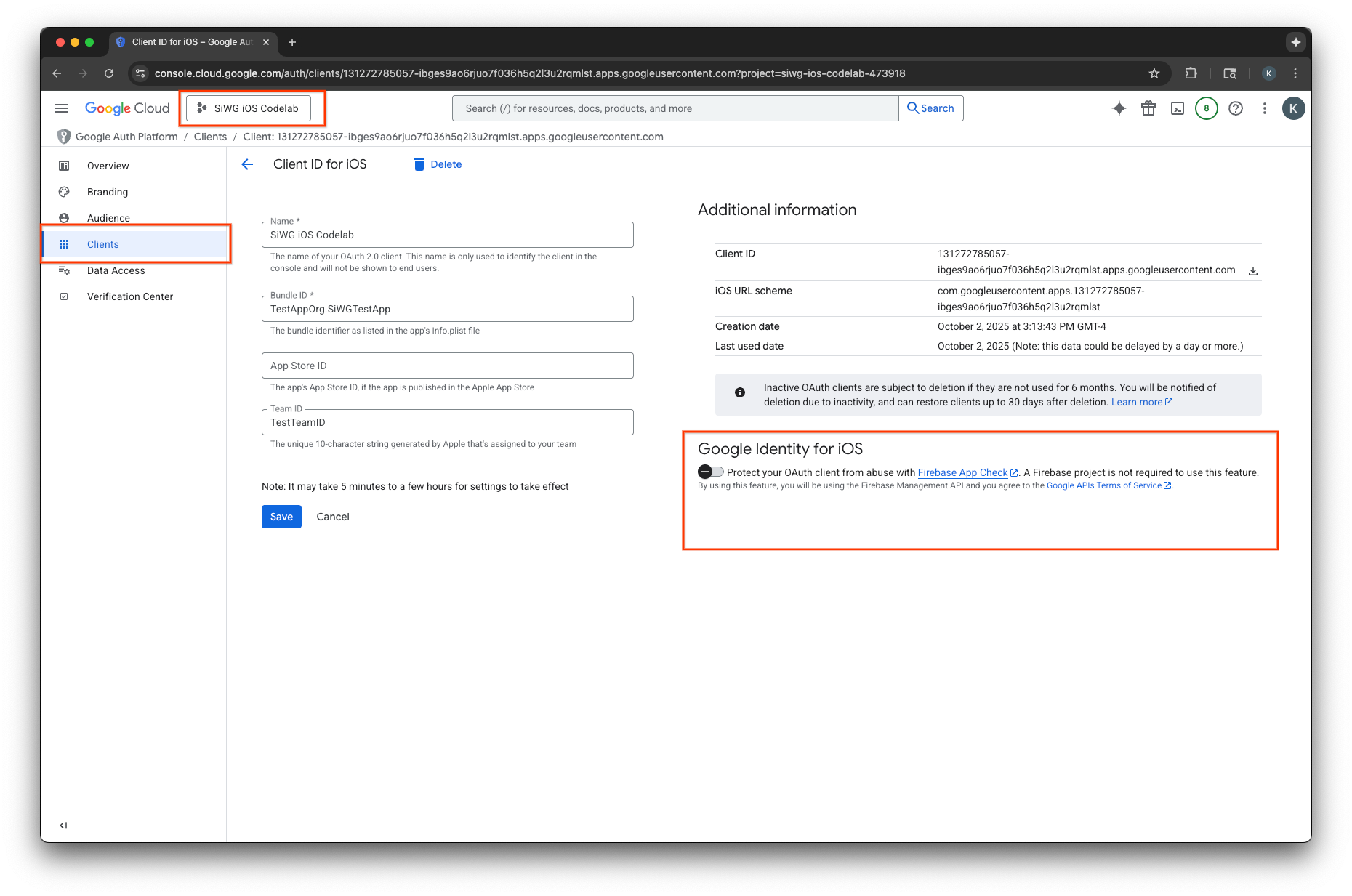 Bearbeitungsseite für OAuth-Clients mit App Check-Schaltfläche